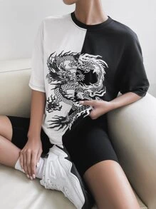 SHEIN Unity Chinese Dragon Graphic Two Tone Drop Shoulder Tee Graphic Tees Women Tops - Black and White - View 4