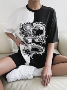 SHEIN Unity Chinese Dragon Graphic Two Tone Drop Shoulder Tee Graphic Tees Women Tops - Black and White - View 5