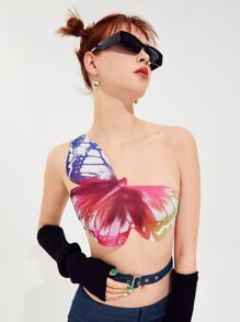 SHEIN ICON 90年代蝴蝶圖案單肩短款上衣 - 彩色 - 查看 1