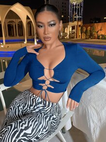 SHEIN SXY Áo thun nữ Ren lên màu trơn Gợi cảm - Màu xanh lam - Xem 1