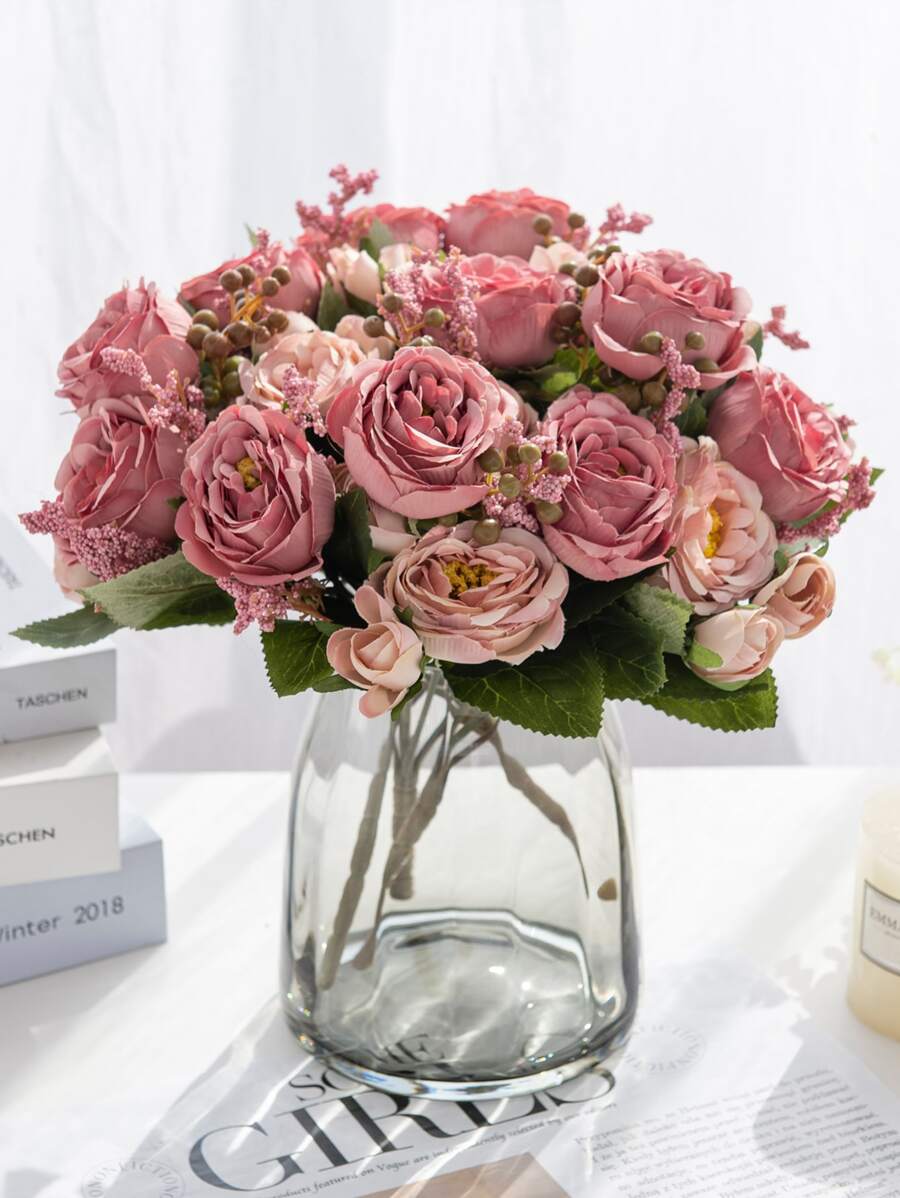 1束/3束人造牡丹花混合花束，适用于婚礼装饰、教室装饰、家居花瓶、花园、生日派对、情人节、礼物 - 玫紅色 - 查看 1