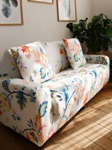 1pc Flower Print Sofa Slipcover & 2pcs Cushion Cover Without Filler - Multicolor - View 1