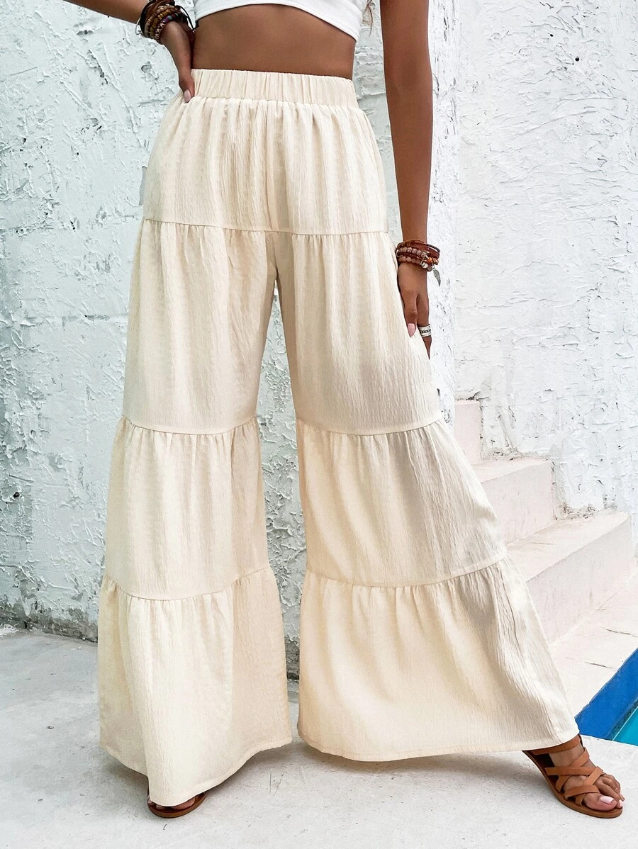 Ruffle Hem Wide Leg Pants - Apricot - View 1