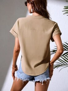 缺口領蝙蝠袖襯衫 - 卡其色 - 查看 2