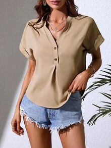 缺口領蝙蝠袖襯衫 - 卡其色 - 查看 3