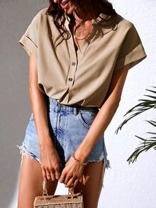 缺口領蝙蝠袖襯衫 - 卡其色 - 查看 4