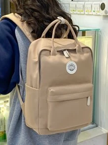 经典双肩包，纯色，多口袋设计，适合旅行、观光、度假 - 卡其色 - 查看 2