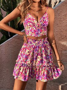 Allover Floral Print Crop Cami Top & Paperbag Waist Ruffle Hem Skirt - Multicolor - View 1