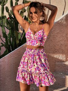 Allover Floral Print Crop Cami Top & Paperbag Waist Ruffle Hem Skirt - Multicolor - View 6