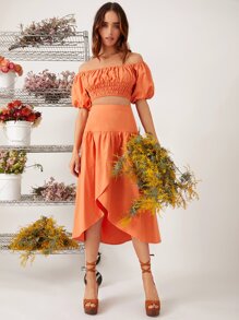 SHEIN Off Shoulder Puff Sleeve Shirred Top & Ruffle Hem Skirt