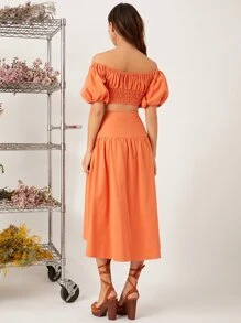 SHEIN Off Shoulder Puff Sleeve Shirred Top & Ruffle Hem Skirt
