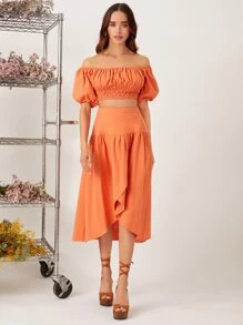 SHEIN Off Shoulder Puff Sleeve Shirred Top & Ruffle Hem Skirt