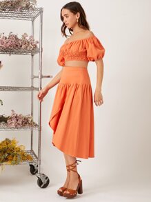 SHEIN Off Shoulder Puff Sleeve Shirred Top & Ruffle Hem Skirt