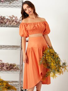 SHEIN Off Shoulder Puff Sleeve Shirred Top & Ruffle Hem Skirt