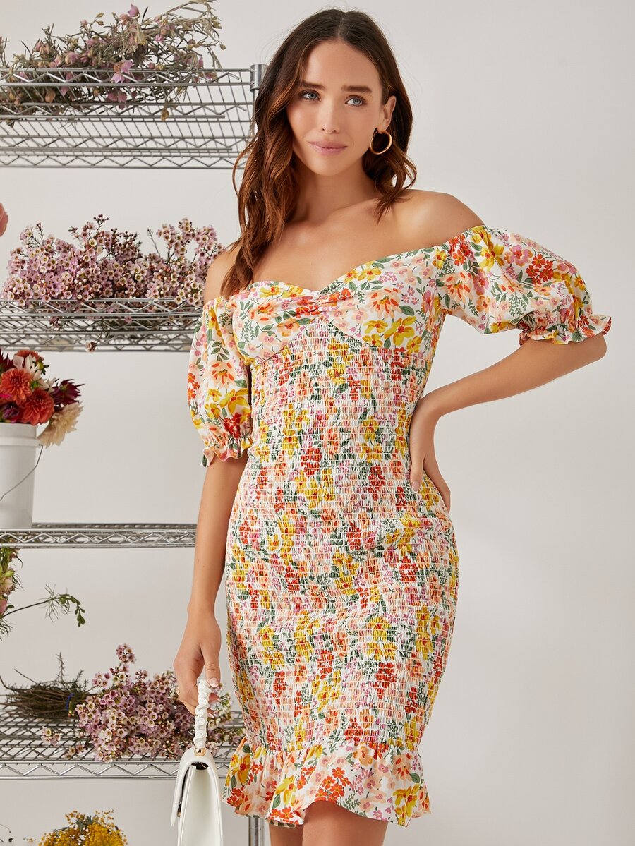 SHEIN Đầm viền lá sen Viên lá sen Dải chun Nếp gấp Phần Ngực Hoa Boho - Nhiều màu - Xem 1