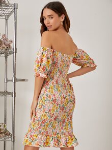 SHEIN Đầm viền lá sen Viên lá sen Dải chun Nếp gấp Phần Ngực Hoa Boho - Nhiều màu - Xem 2