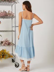 SHEIN VCAY Đầm cườm đính Tương phản ren Ngọc trai Viên lá sen Khối Màu Giải trí - Màu xanh nhạt - Xem 2