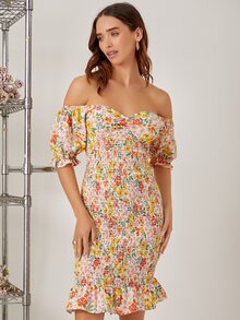 SHEIN Đầm viền lá sen Viên lá sen Dải chun Nếp gấp Phần Ngực Hoa Boho - Nhiều màu - Xem 4