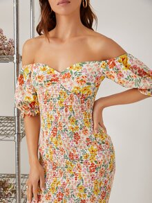 SHEIN Đầm viền lá sen Viên lá sen Dải chun Nếp gấp Phần Ngực Hoa Boho - Nhiều màu - Xem 5