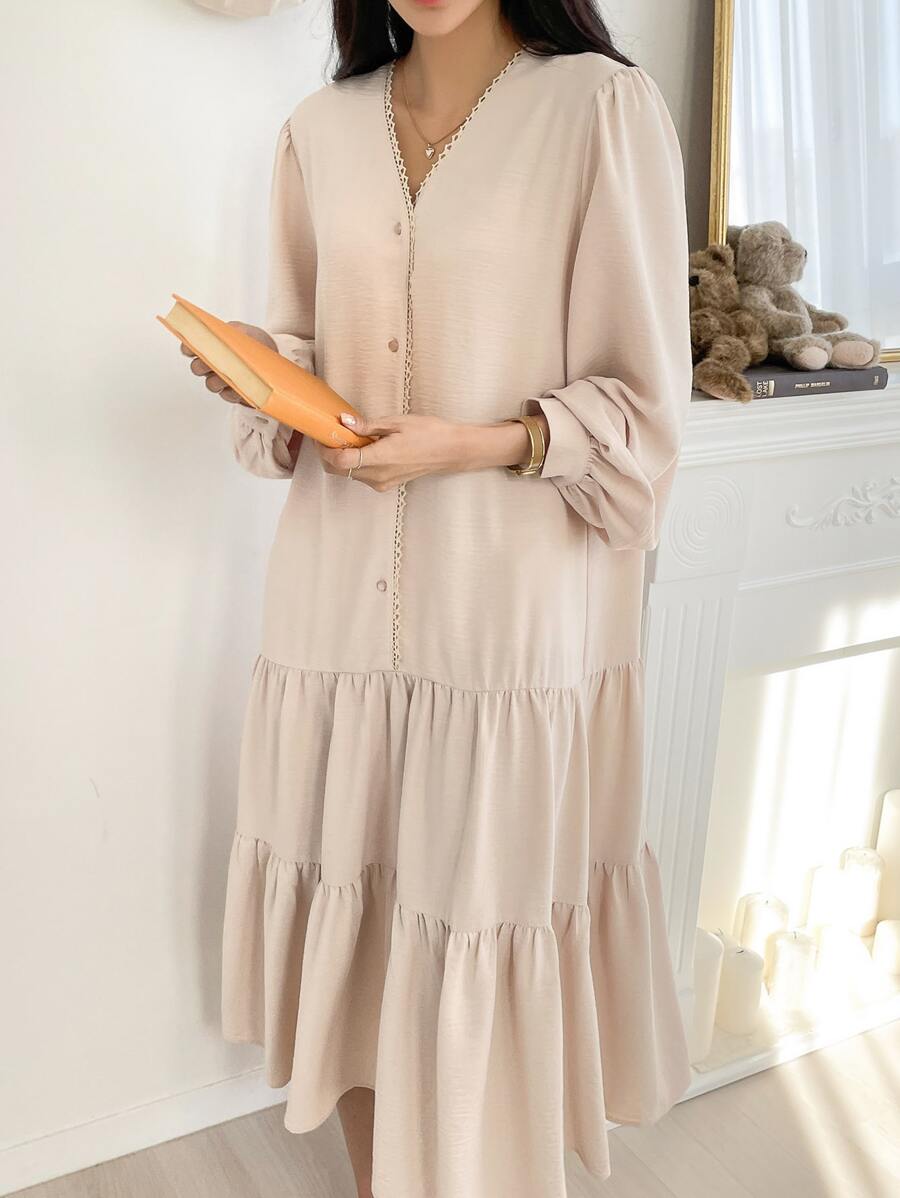 DAZY Vestido smock con mangas farol y dobladillo con volantes, ropa de otoño - Albaricoque - Ver 1