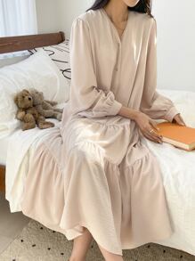 DAZY Vestido smock con mangas farol y dobladillo con volantes, ropa de otoño - Albaricoque - Ver 4