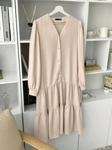 DAZY Vestido smock con mangas farol y dobladillo con volantes, ropa de otoño - Albaricoque - Ver 5