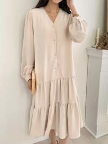 DAZY Vestido smock con mangas farol y dobladillo con volantes, ropa de otoño - Albaricoque - Ver 8