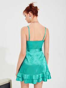 SHEIN 花卉圖案提花荷葉邊腰帶緞面吊帶洋裝