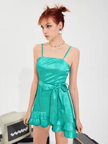 SHEIN 花卉圖案提花荷葉邊腰帶緞面吊帶洋裝