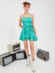 SHEIN 花卉圖案提花荷葉邊腰帶緞面吊帶洋裝