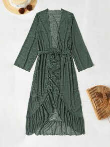 Summer Ruffle Hem Belted Kimono - Dark Green - View 4