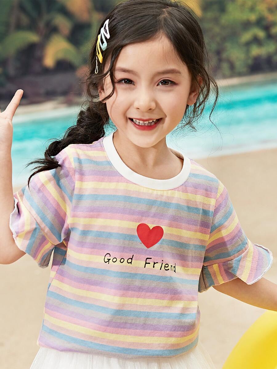 Niñas Camiseta de rayas combinadas & con estampado de corazón ribete con fruncido