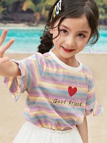Niñas Camiseta de rayas combinadas & con estampado de corazón ribete con fruncido