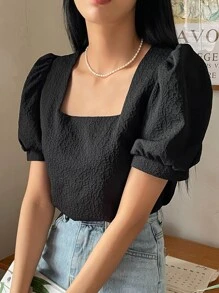 DAZY Square Neck Puff Sleeve Blouse - Black - View 5
