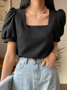 DAZY Square Neck Puff Sleeve Blouse - Black - View 4