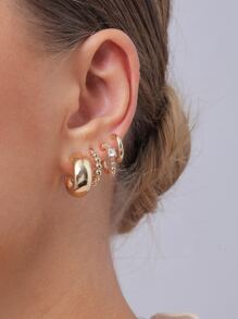 4雙水鑽裝飾圓耳環 - 金黃色 - 查看 3