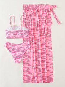 Allover Print Bikini With Beach Skirt Summer - Hot Pink - View 2