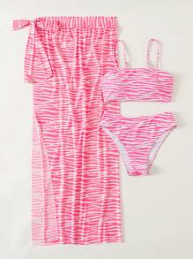 Allover Print Bikini With Beach Skirt Summer - Hot Pink - View 5