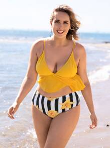 Plus Size Striped Floral Print Bikini Set Summer Beach - Multicolor - View 1