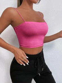 SHEIN PETITE Áo hai dây màu trơn Giải trí - Màu Hồng Tươi - Xem 4