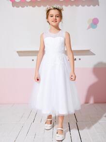 SHEIN Mesh Embroidered Sleeveless Flower Young Girl Dress - White - View 1