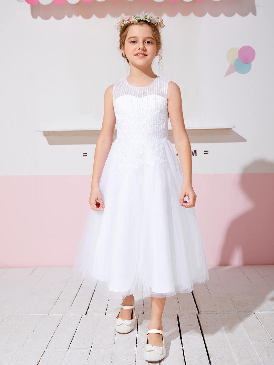 SHEIN Mesh Embroidered Sleeveless Flower Young Girl Dress - White - View 1