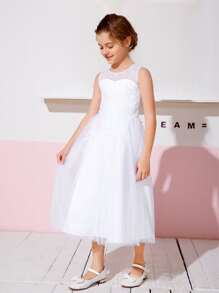 SHEIN Mesh Embroidered Sleeveless Flower Young Girl Dress - White - View 3
