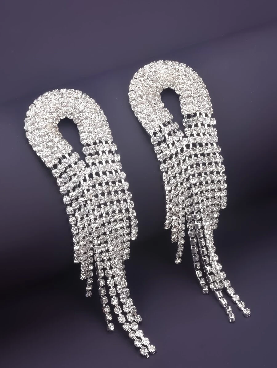 水鑽流蘇耳環 - 銀色 - 查看 1