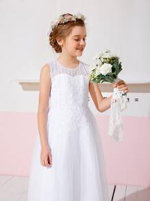 SHEIN Mesh Embroidered Sleeveless Flower Young Girl Dress - White - View 5
