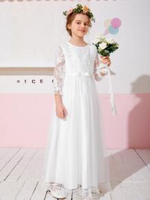 SHEIN Contrast Lace Bow Front Maxi Mesh Flower Young Girl Dress - White - View 3