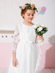 SHEIN Contrast Lace Bow Front Maxi Mesh Flower Young Girl Dress - White - View 4