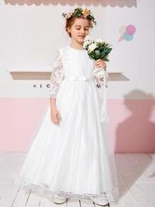 SHEIN Contrast Lace Bow Front Maxi Mesh Flower Young Girl Dress - White - View 6