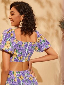 SHEIN 滿版印花泡泡袖鏤空襯衫 - 彩色 - 查看 2