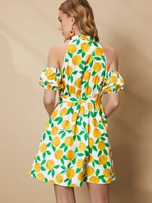 SHEIN Fruit Print Cold Shoulder Puff Sleeve Belted Dress - Multicolor - View 2